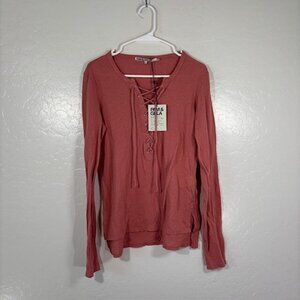 Pam and Gela Top Womens Medium Lace Up Shirt Long Sleeve Pink NEW
